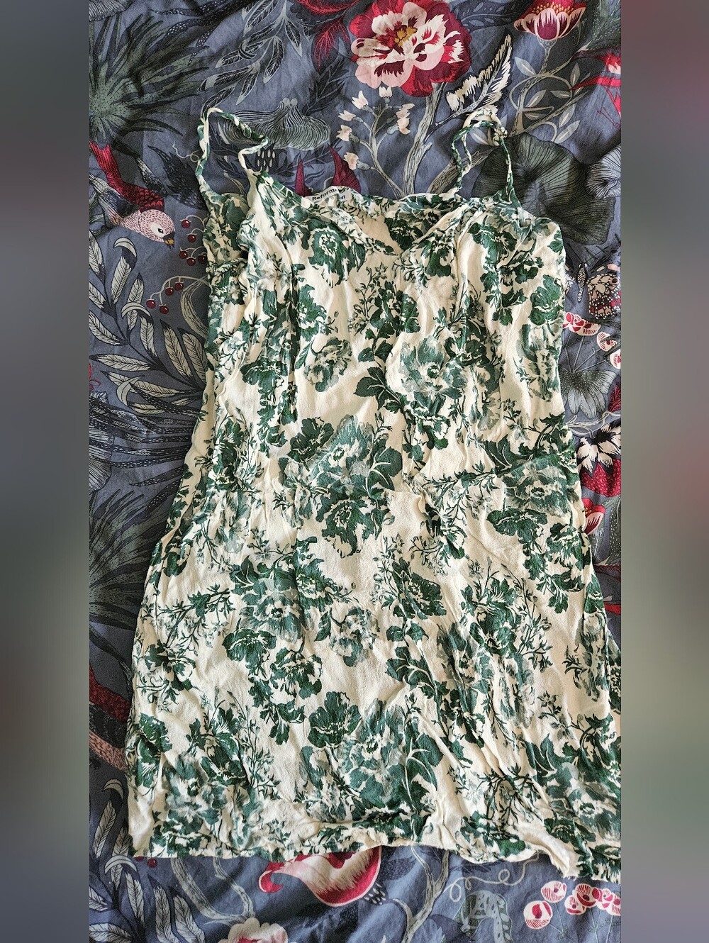 Reformation Cream and Green Floral Mini Dress
